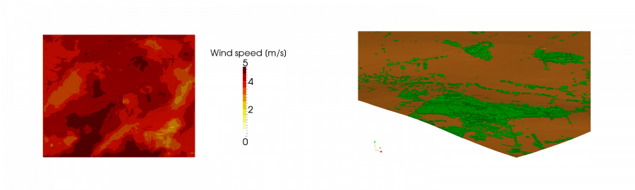 Windgeschwindigkeit über Grund und Oberflächenmodell inkl. Vegetation